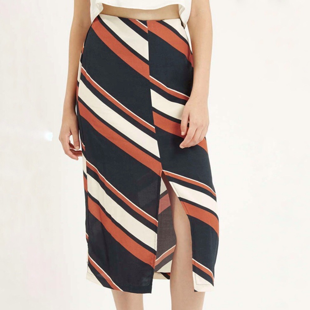Topshop slit skirt striped black orange white, midi length